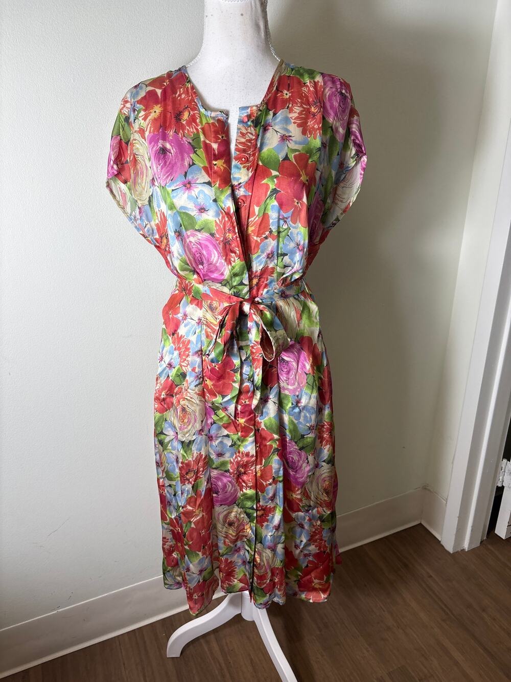 Frances Valentine Silky Pink and Green Floral Cap Sleeve Midi Belted Dress Sz S